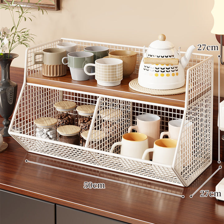 Two-Level Angled Wire Mesh Countertop Organizer with Wood-Effect Top Shelf and Front Drop Bins