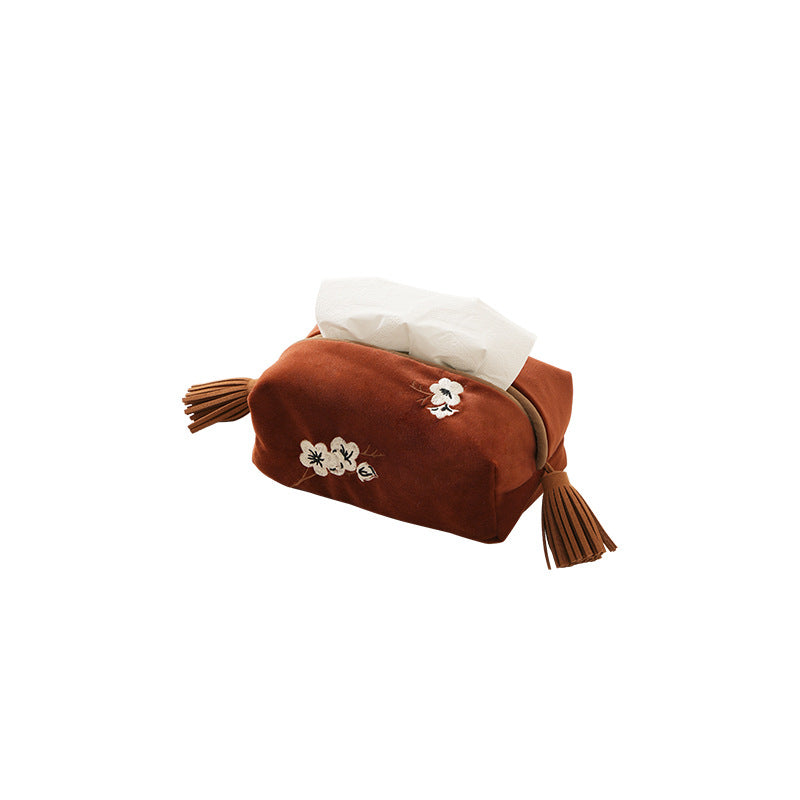 Embroidered tissue box cover made of velvet with tassels