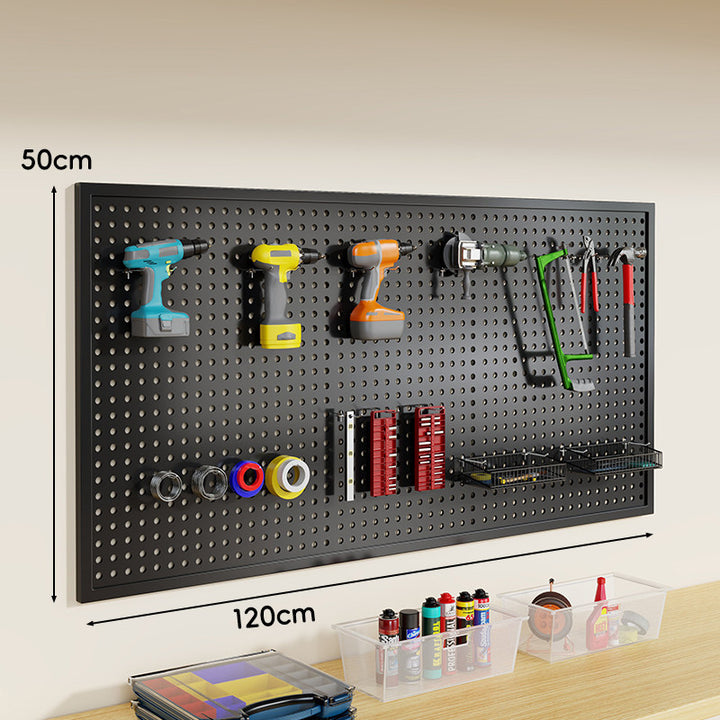Wall-Mounted Perforated Metal Tool Pegboard Organizer Panel with Modular Hooks and Wire Baskets