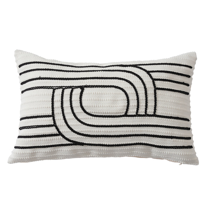 Decorative cushion cover with textured embroidery and geometric line motif