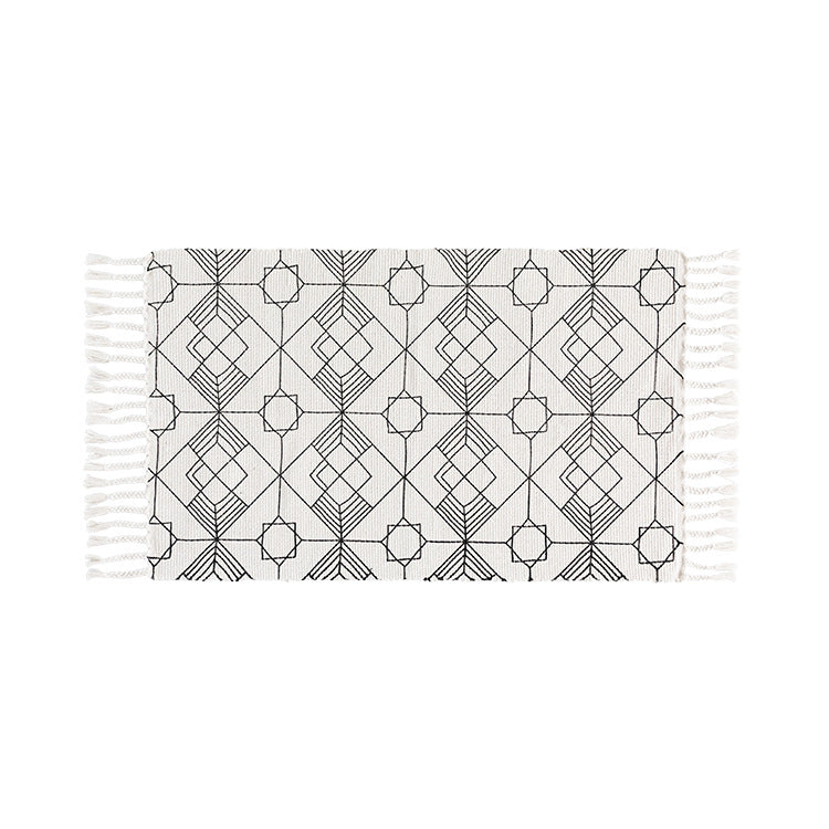 Flat-woven entrance runner made of cotton blend with geometric tile pattern and fringes