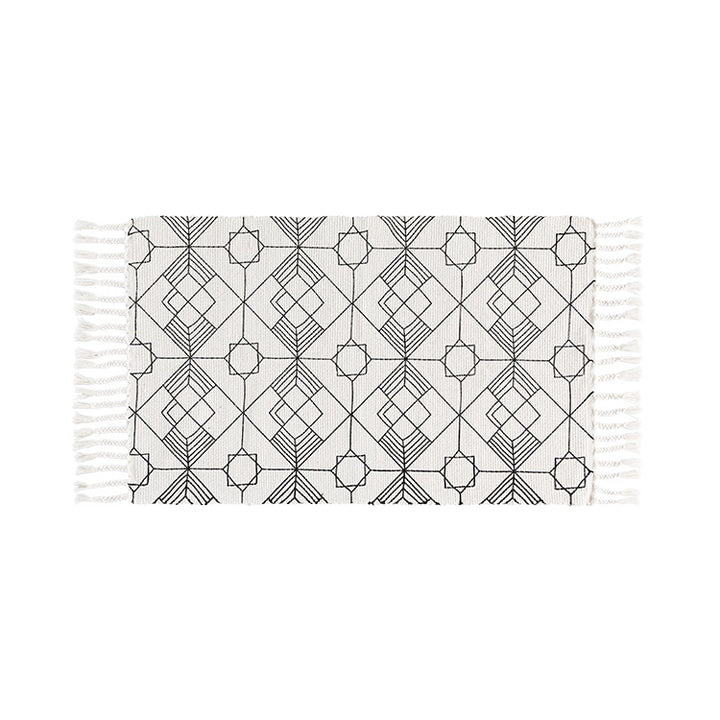 Flat-woven entrance runner made of cotton blend with geometric tile pattern and fringes