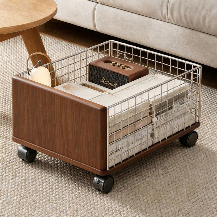 Mobile Under-Desk Wire Mesh Storage Drawer with Wooden Panels