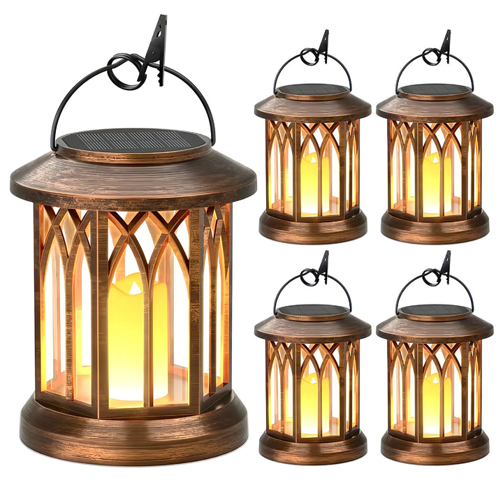 Solar-powered hanging LED lantern set with flickering flameless candle and metal clip hook
