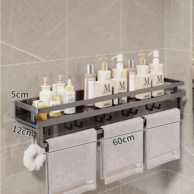 Compact Wall-Mounted Bathroom Shelf with Integrated Towel Rail and Multi-Hook Metal Organizer