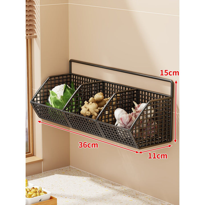 Wall-Mounted Double-Tier Grid Mesh Kitchen Storage Basket Organizer