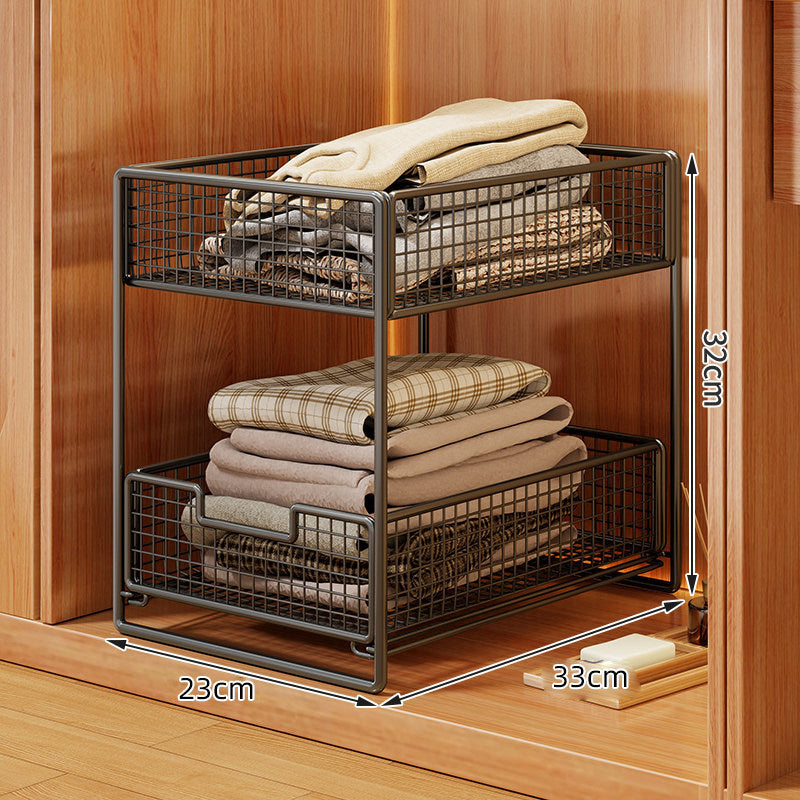 Two-Tier Pull-Out Wire Mesh Closet Organizer with Soft-Glide Slide and Stackable Drawers