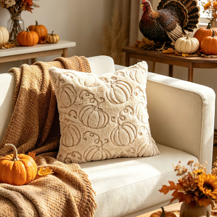 Autumn Plush Decorative Throw Pillow with Embossed Pumpkin Texture