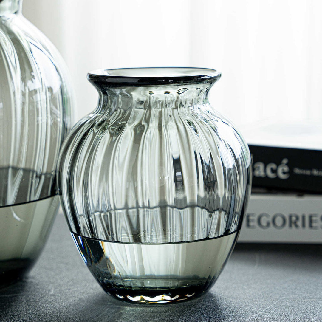 Compact Ribbed Hand-Blown Glass Tabletop Vase