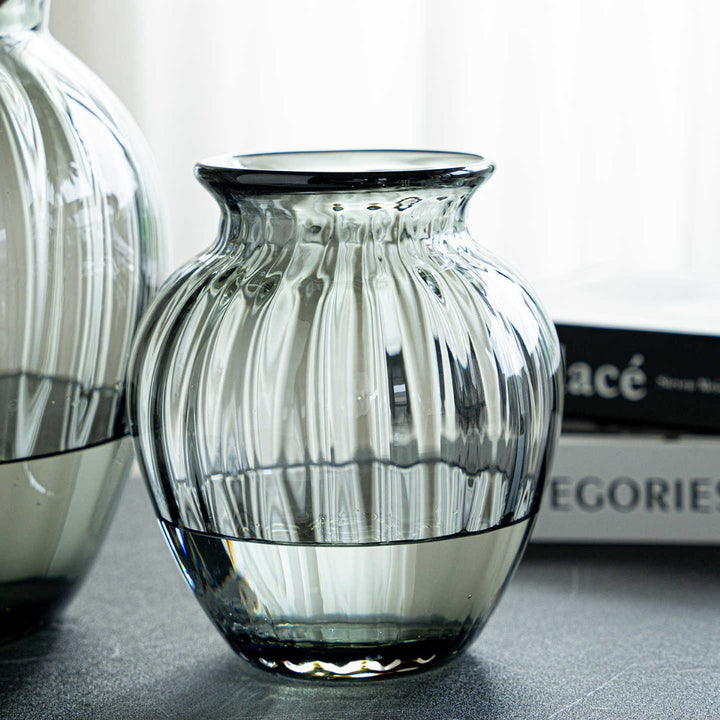 Compact Ribbed Hand-Blown Glass Tabletop Vase