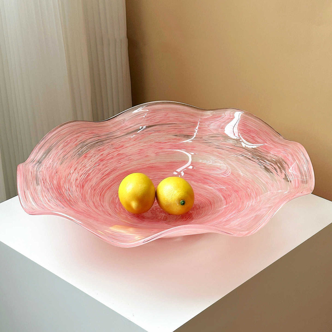 Hand-Blown Wavy-Rim Swirled Glass Centerpiece Bowl