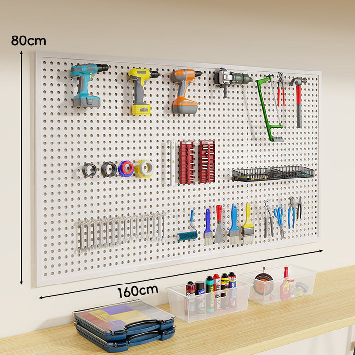 Heavy-Duty Wall-Mounted Perforated Steel Pegboard Tool Organizer with Modular Hooks and Shelf