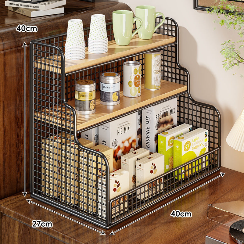 Multi-Tier Mesh Metal and Bamboo Countertop Pantry Organizer Shelf