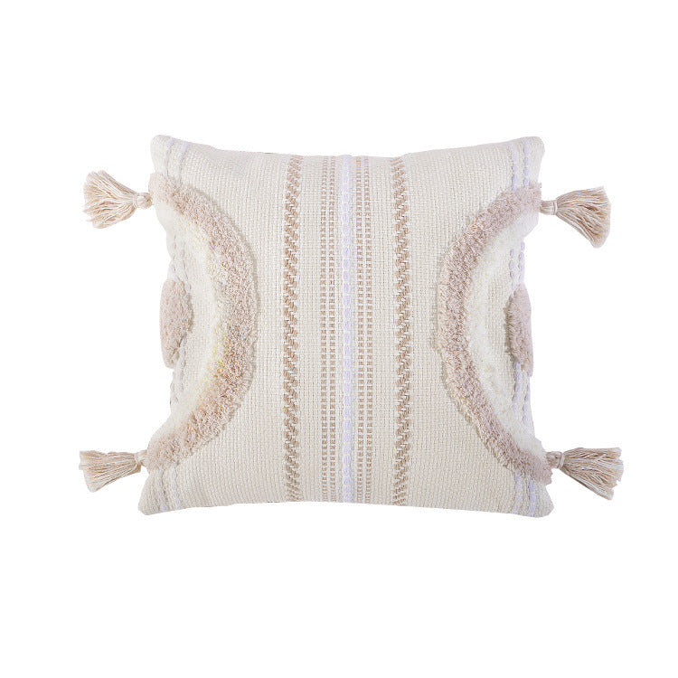 Woven decorative cushion cover with semi-circular tuft appliqué, fringe tassels, and concealed zipper