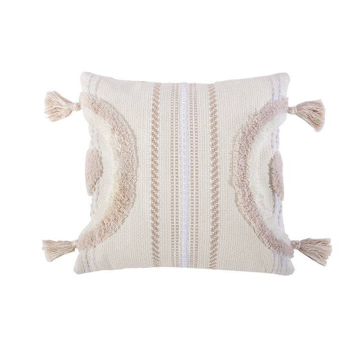 Woven decorative cushion cover with semi-circular tuft appliqué, fringe tassels, and concealed zipper