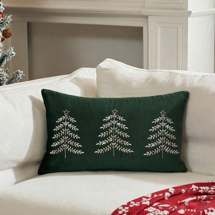 Embroidered Festive Lumbar Throw Pillow Cover with Trio Christmas Tree Motif