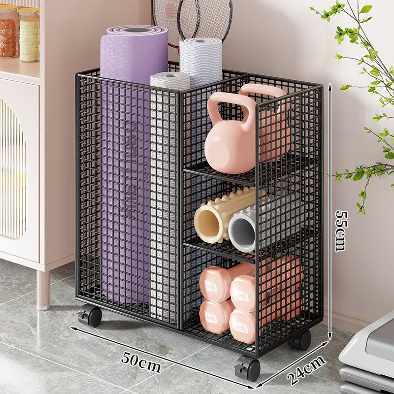 Rolling Mesh Fitness Storage Cart with Vertical Yoga Mat Slot and Shelved Compartments