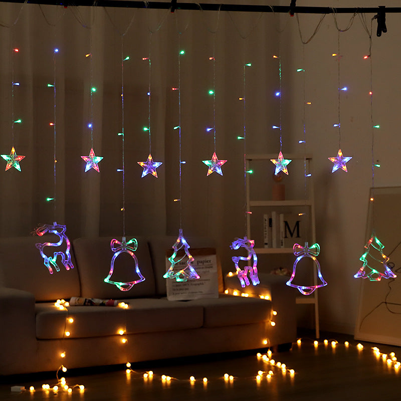 Festive LED Curtain String Lights with Hanging Star-Bell Tree and Reindeer Ornaments