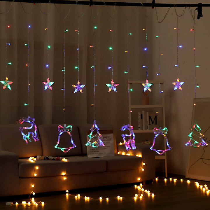 Festive LED Curtain String Lights with Hanging Star-Bell Tree and Reindeer Ornaments