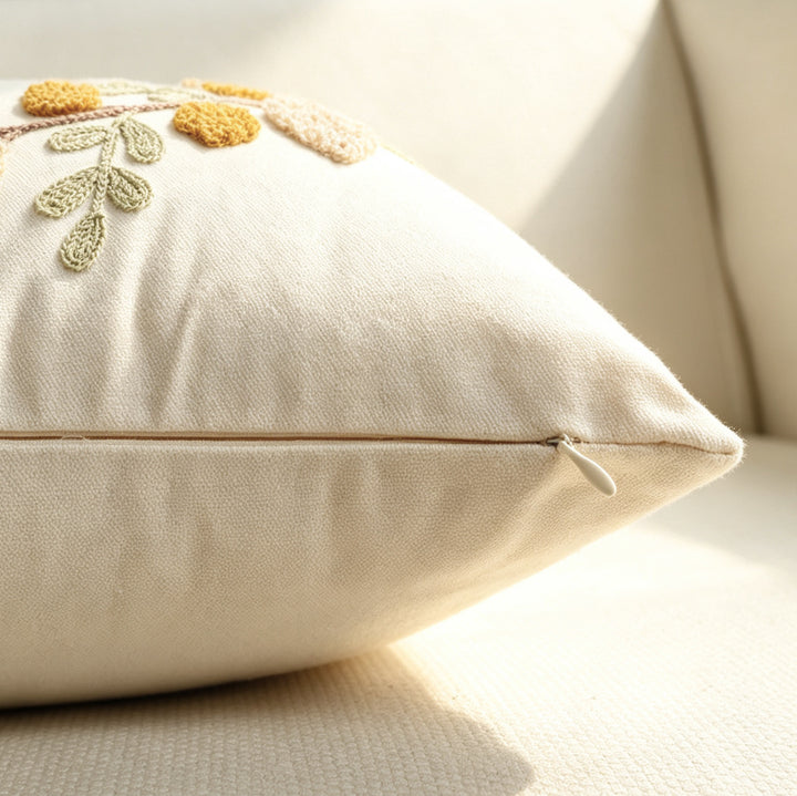 Embroidered Cozy Autumn Throw Pillow with Textured Pom Accents