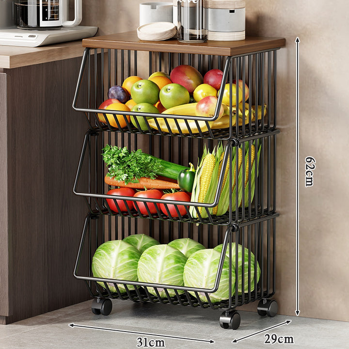 Multi-Tier Rolling Kitchen Fruit and Vegetable Storage Cart with Wood Top