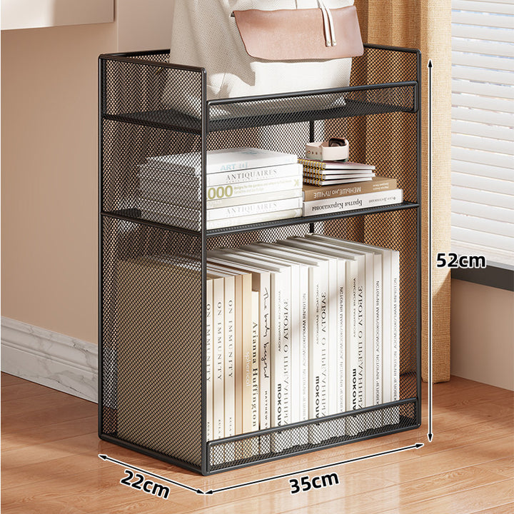 Two-Tier Metal Mesh Desktop Bookshelf Organizer with Open Grid Panels and Anti-Slip Base