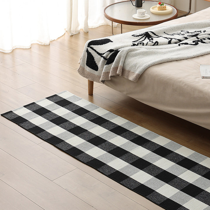 Flat woven bed runner and carpet runner with vibrant checked design
