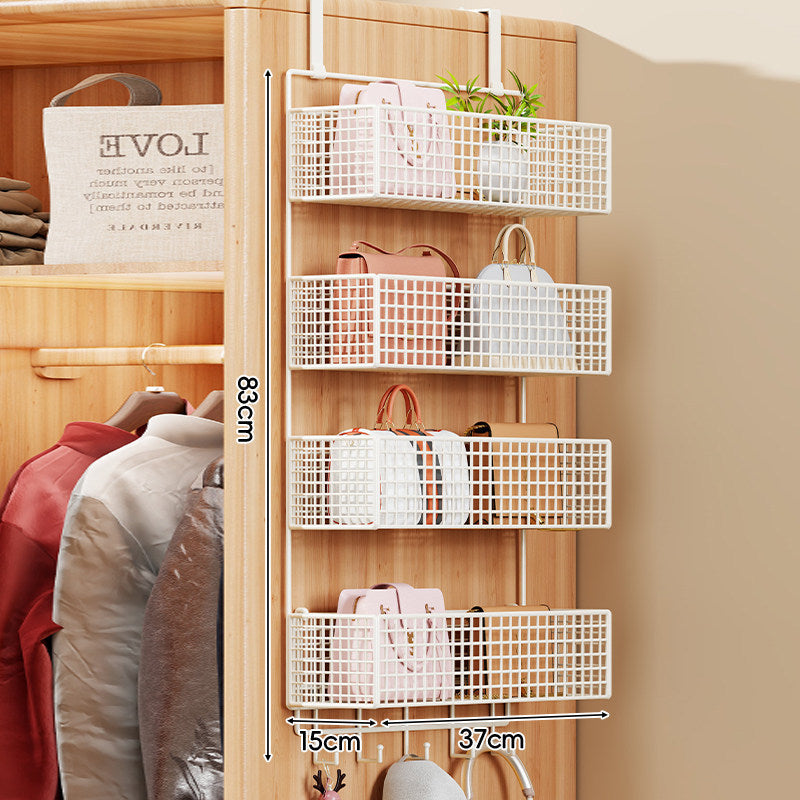 Over-Door Four-Tier Metal Mesh Hanging Storage Organizer with Integrated Hooks