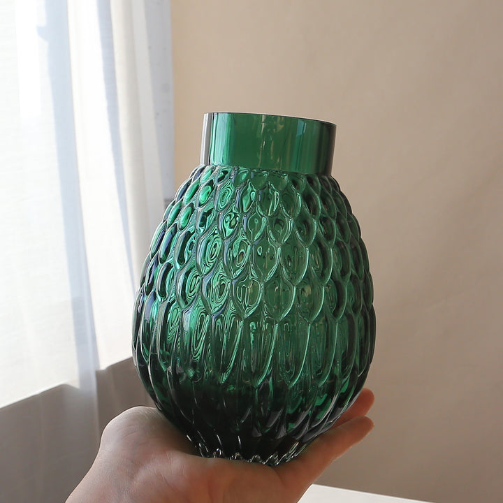 Hand-Blown Textured Glass Tabletop Vase with Scalloped Oval Motif