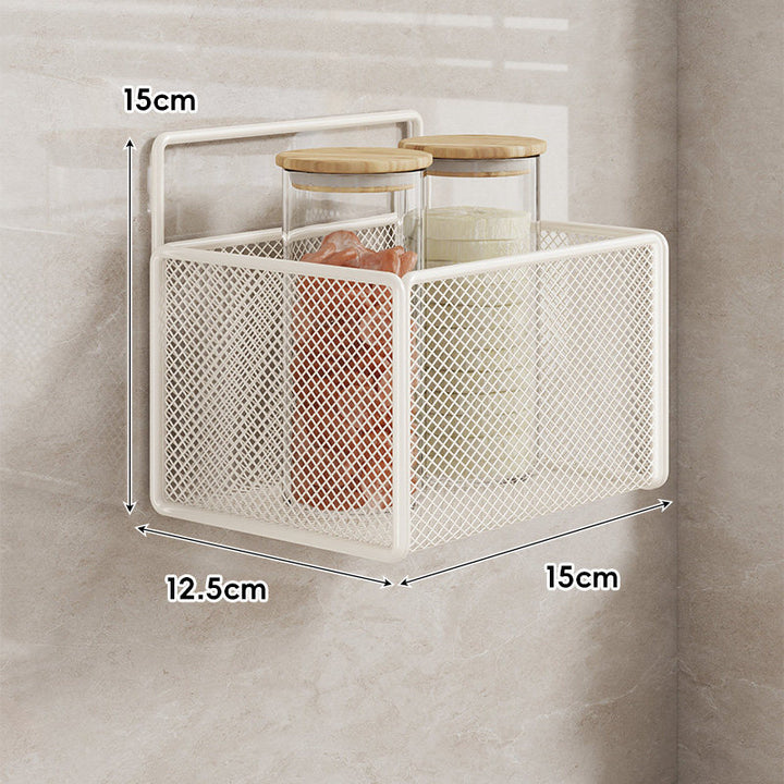 Wall-Mounted Mesh Multi-Purpose Kitchen Shelf with Hooks and Ventilated Basket