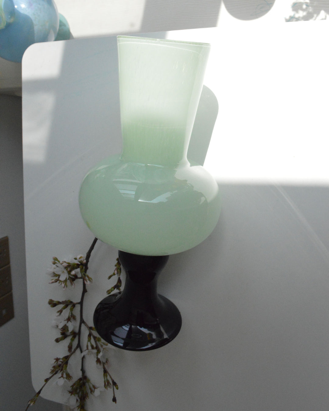 Contemporary Hand-Blown Bulbous Pedestal Glass Vase with Elongated Trumpet Neck