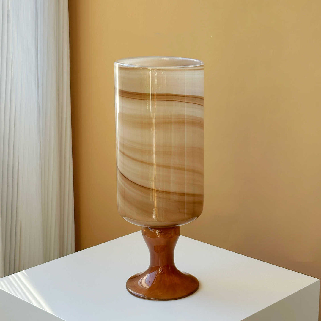 Tall Swirled Glass Pedestal Centerpiece Vase with Marble Effect