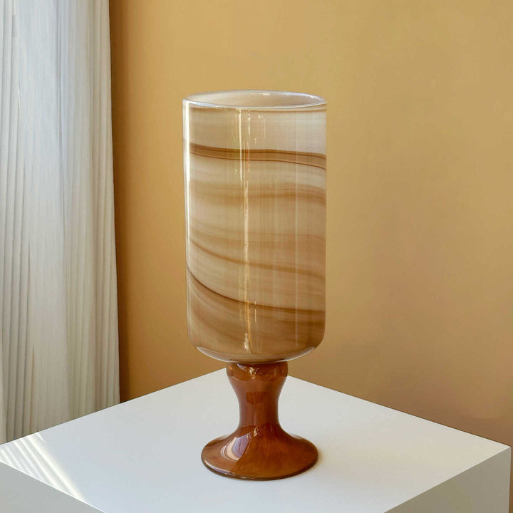 Tall Swirled Glass Pedestal Centerpiece Vase with Marble Effect