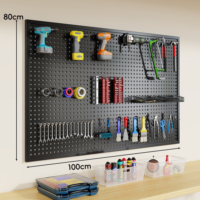 Heavy-Duty Wall-Mounted Perforated Steel Pegboard Tool Organizer with Modular Hooks and Shelf