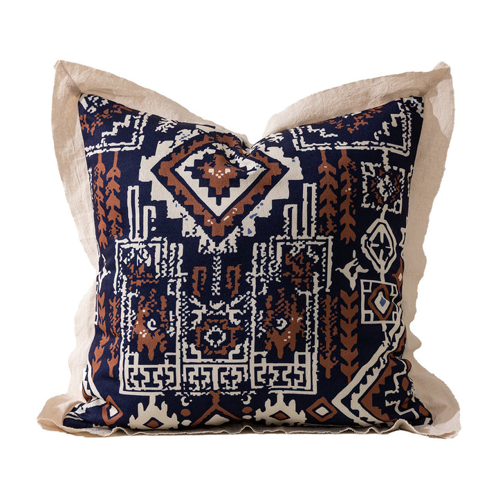 Square decorative cushion with mandala-like jacquard pattern and linen flange