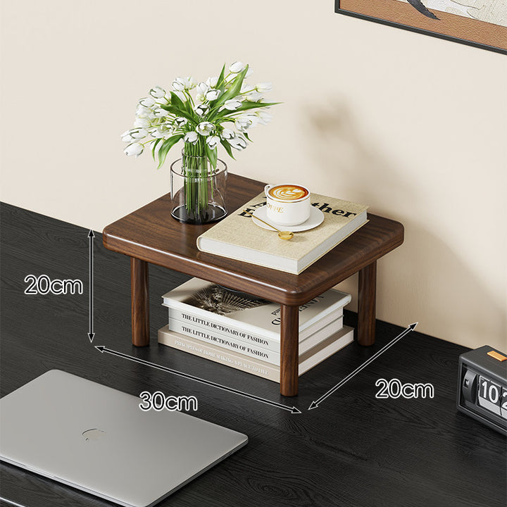 Compact Solid Wood Elevated Desk Display Stand with Under-Shelf Storage and Rounded Leg Design