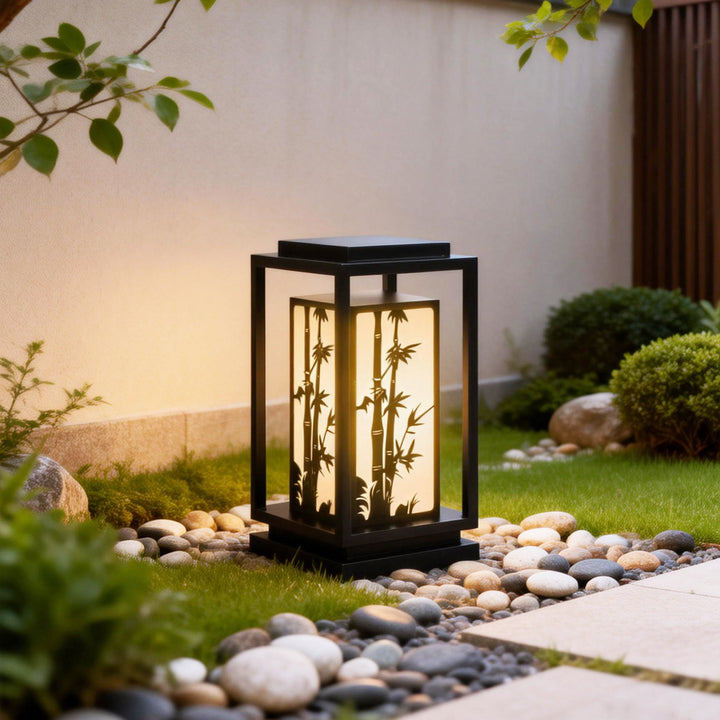 Japanese inspired solar garden floor lantern with wooden frame