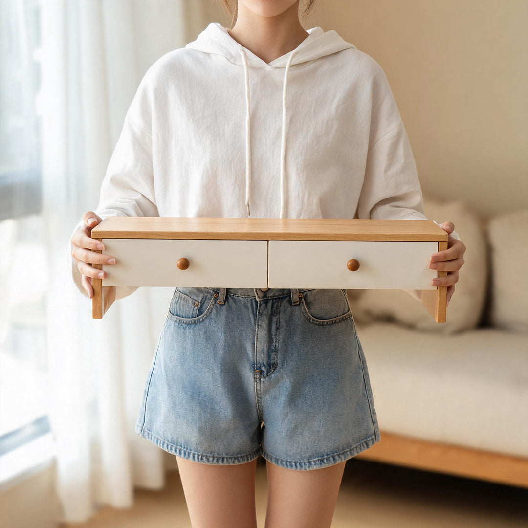 Wooden Monitor Riser with Dual Drawers and Under-Shelf Desktop Organizer