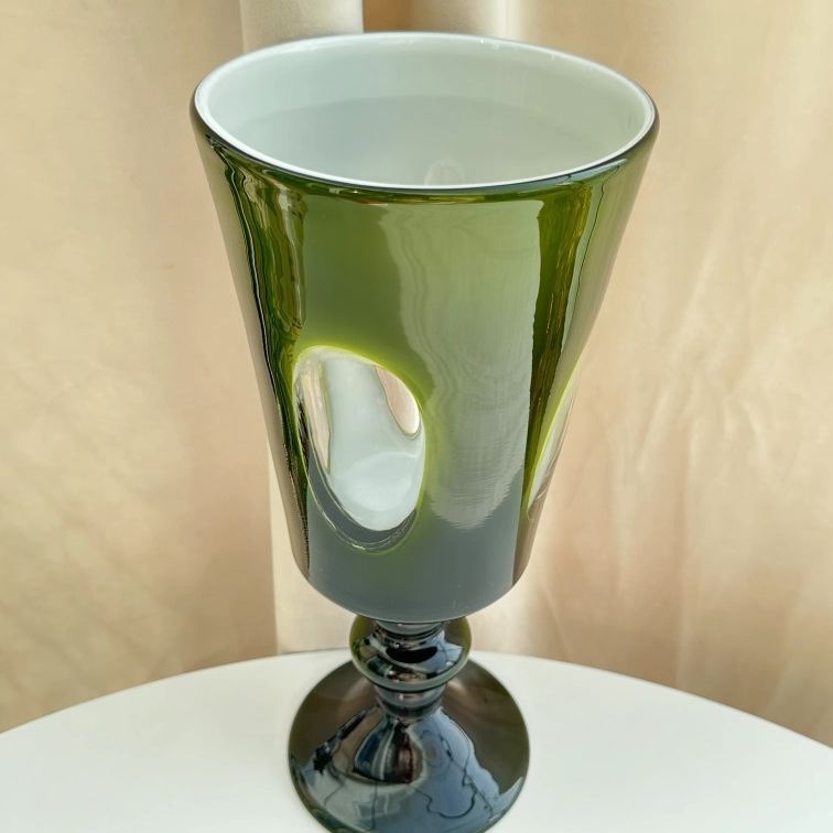 Hand-Blown Tall Pedestal Goblet-Form Glass Vase with Stacked Knob Stem