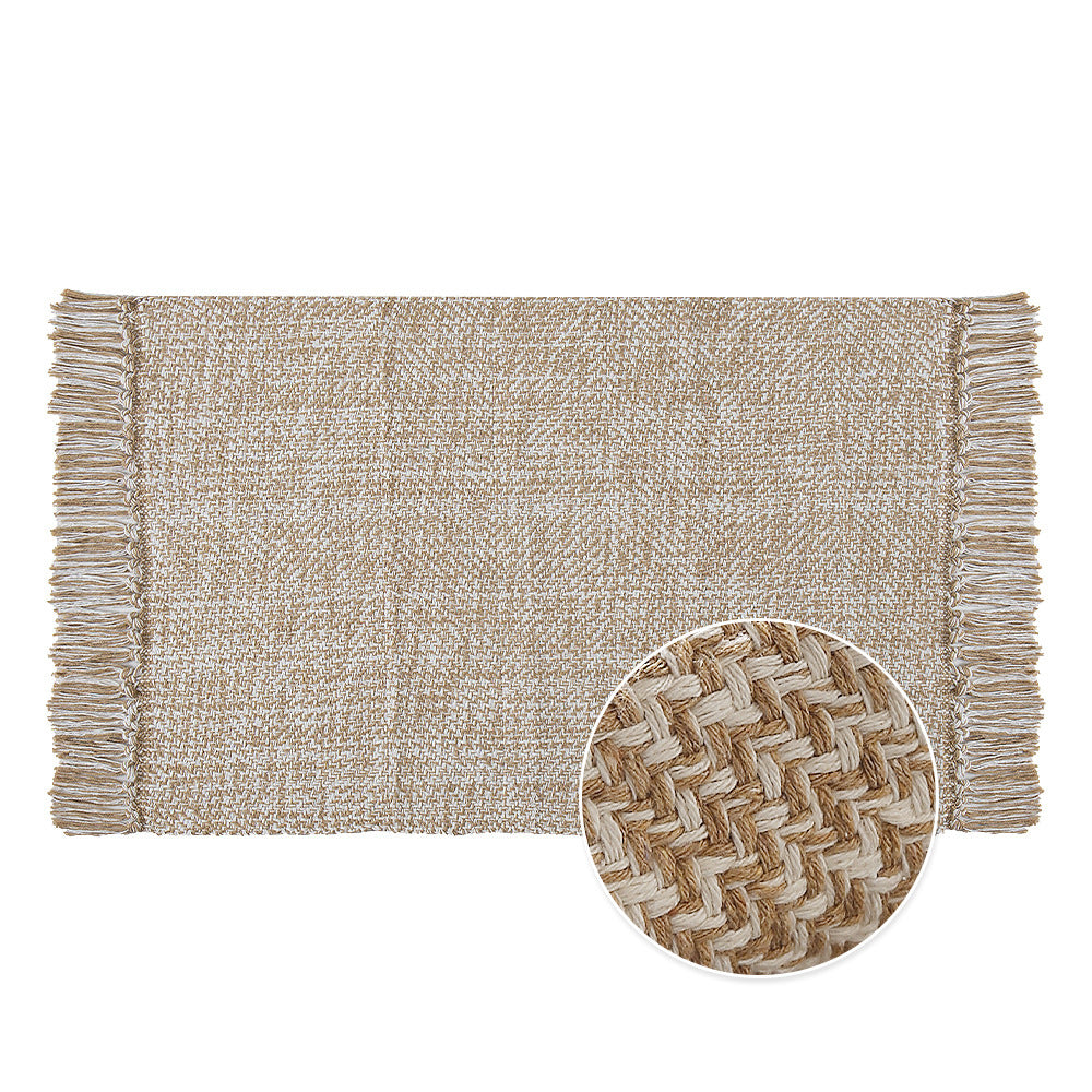 Woven table runner made of cotton blend with fine structure and herringbone look as well as decorative fringes