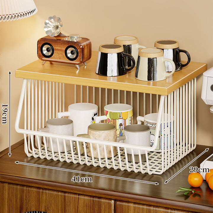 Four-Tier Industrial Wire Basket Cart with Wood Top and Swivel Locking Casters