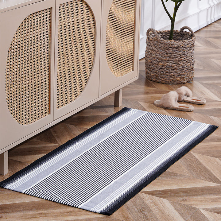 Flat-woven runner rug with check pattern and decorative border stripe