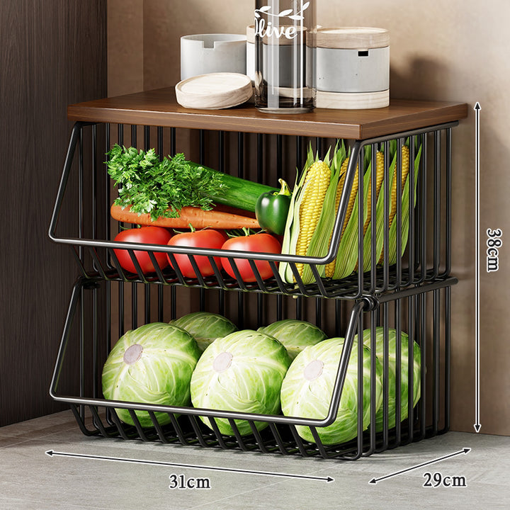 Slim Vertical Rolling Wire Produce and Pantry Organizer Cart with Wood Top