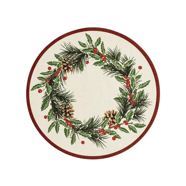 Round wipeable placemat with Christmas wreath and tartan print