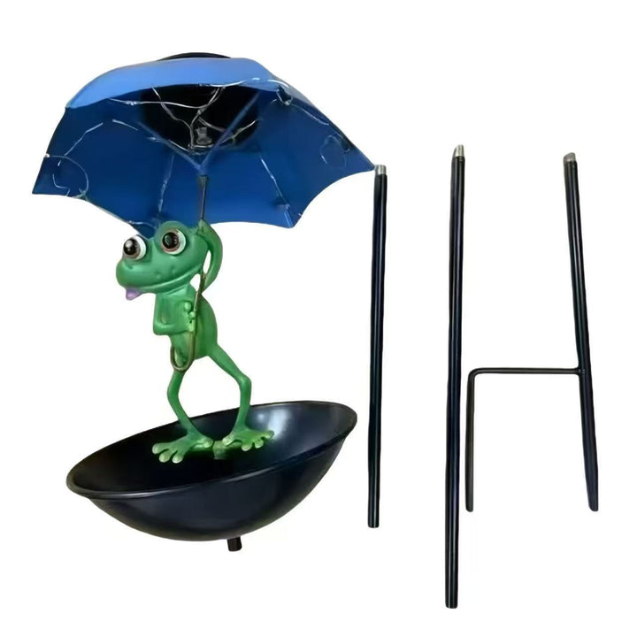 Decorative garden birdhouse stake with protective umbrella and playful frog decoration