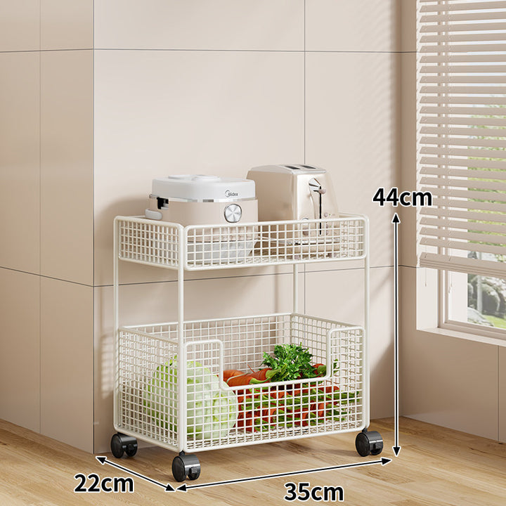 Rolling Metal Mesh Produce Storage Cart with Tall Vertical Compartment and Removable Shelves