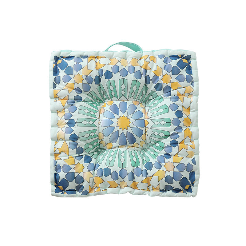 Round seat cushion with mandala print, thickly padded floor seating mat and carrying handle