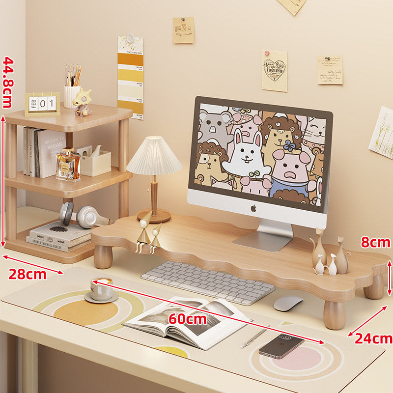 Low-Profile Ergonomic Wooden Desktop Monitor Lift with Under-Shelf Keyboard Storage