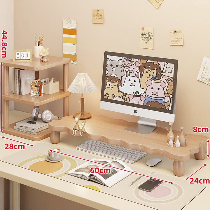 Low-Profile Ergonomic Wooden Desktop Monitor Lift with Under-Shelf Keyboard Storage