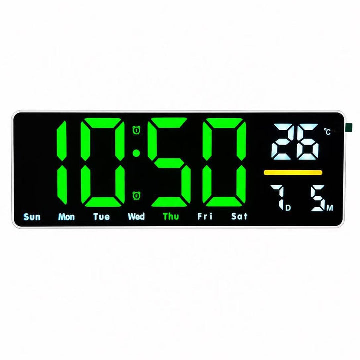 Digital wall clock with temperature and calendar display